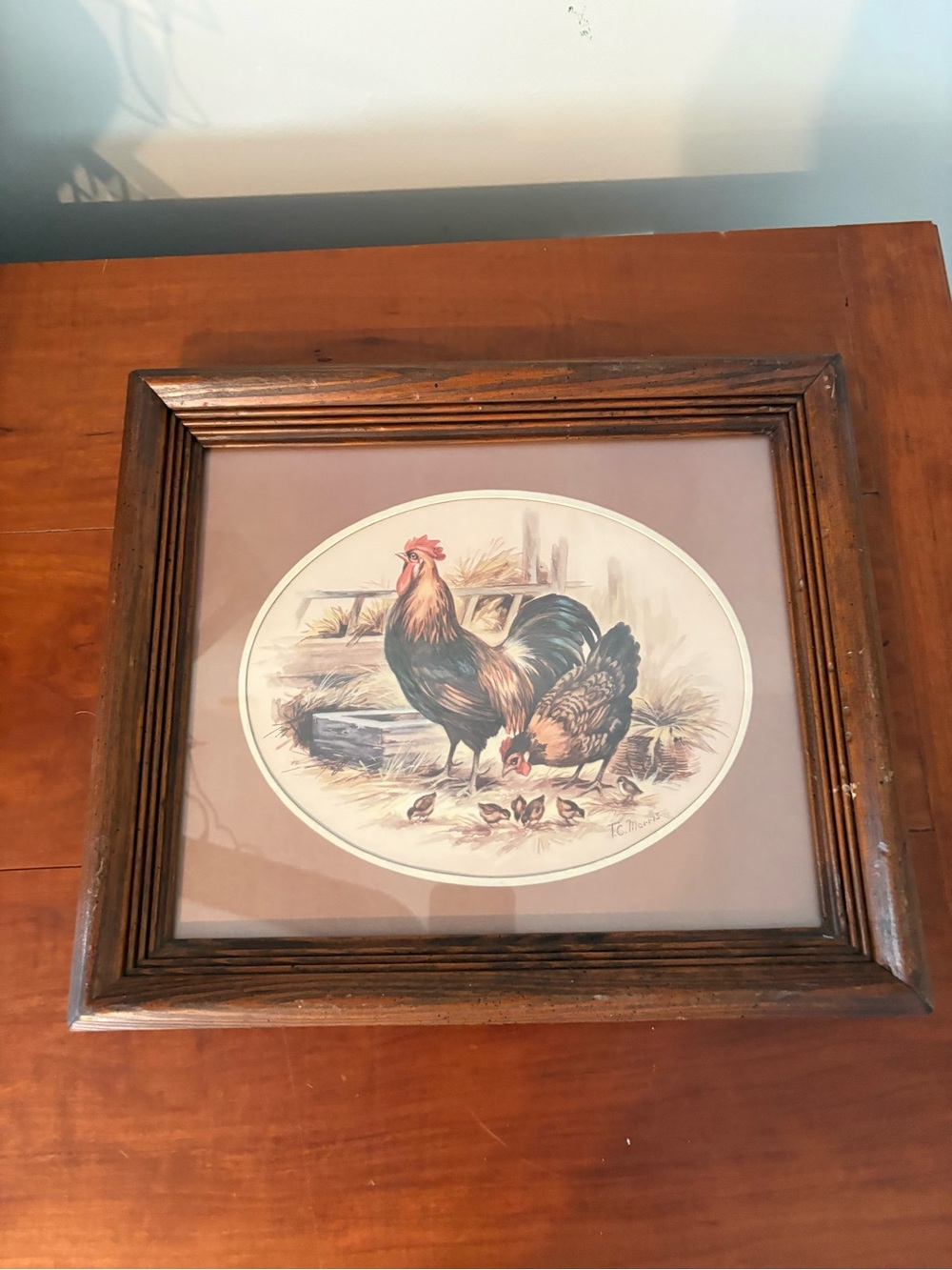 Vintage Rooster Hen & Chicks Framed Print T.C. Morris Farmhouse Wall Art